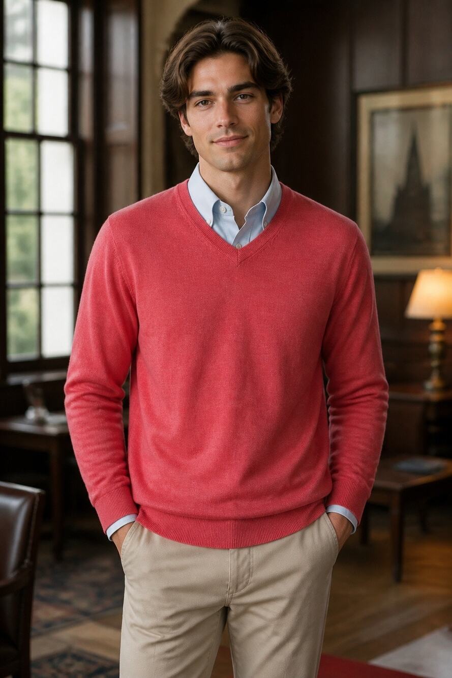 Brooks Brothers Men’s L VNeck Sweater Supima Cotton Coral Pink Preppy Academia